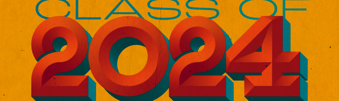 Class of 2024 graphic with a big orange "2024" on yellow background