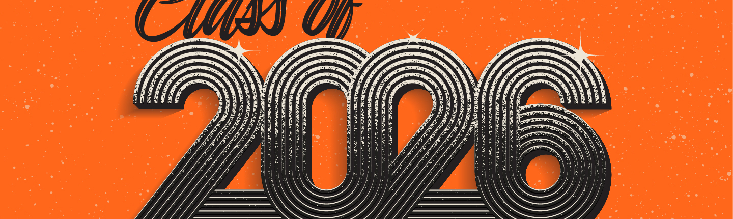 "Class of 2026" in silver letters with orange background