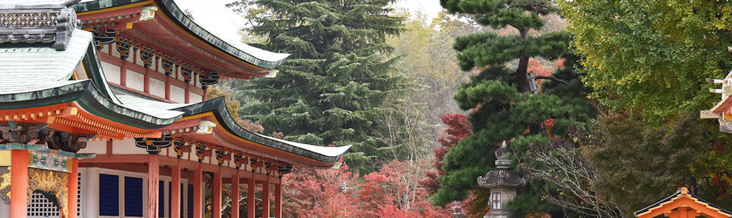 A Japanese temple near Hiroshima with autumn pines to the right