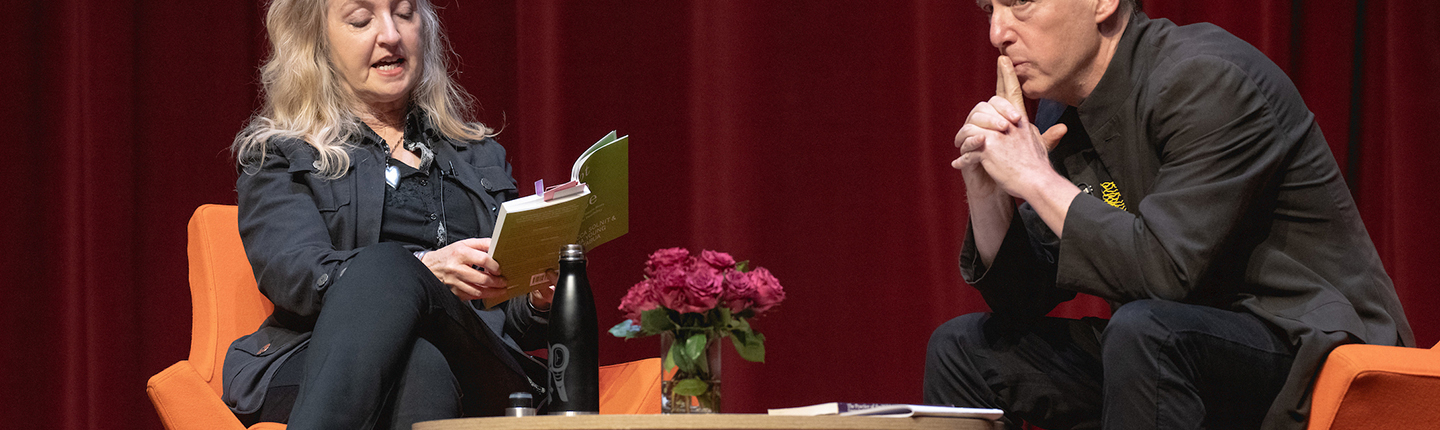 Rebecca Solnit and Paul Holdengraber onstage at an Oxy Live! event at Occidental College