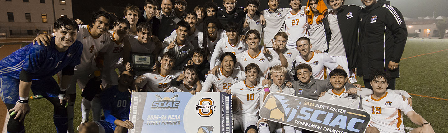 Oxy men's soccer team celebrates a SCIAC championship victory on the field