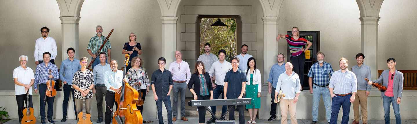 A wide-view image of the Music Dept faculty members posing as a group