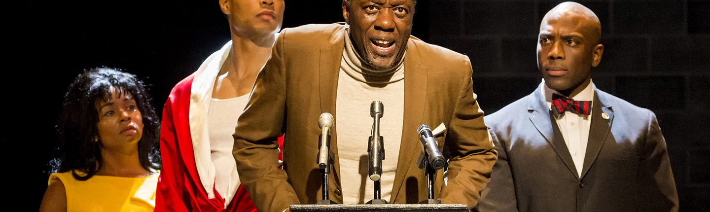 A performance of Fetch Clay, Make Man featuring four Black actors onstage