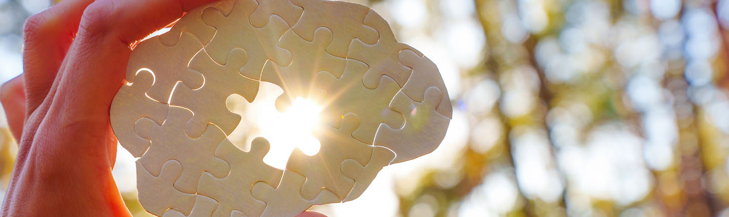 a hand holding up a puzzle of the brain against the sunlight with a missing piece