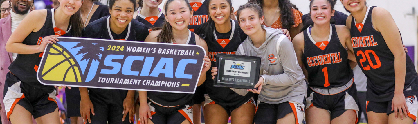 Occidental’s women's basketball team after winning the 2024 SCIAC Post­season Tournament championship.