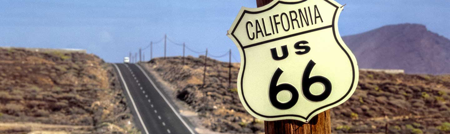 A view of classic US Hightway 66 cutting through the desert, highlighting the interdisciplinary focus of American Studies at Occidental College (Oxy).