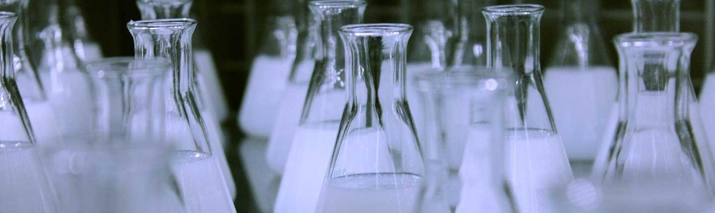 Rows of mostly full chemistry flasks with shadowy light, representing the chemistry department at Occidental College (Oxy).