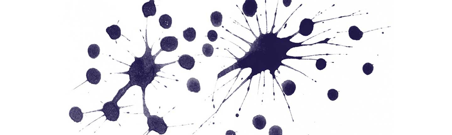 two main blotches of ink, with smaller droplets and thin streaks radiating outwards, representing the Critical Theory and Social Justice department at Occidental College (Oxy).