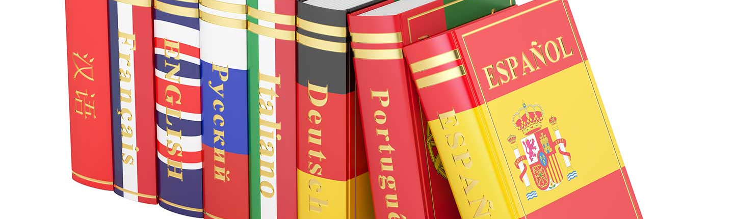 Language books arranged in a row