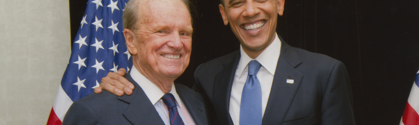 George Stevens Jr. '53 with President Obama in 2011.