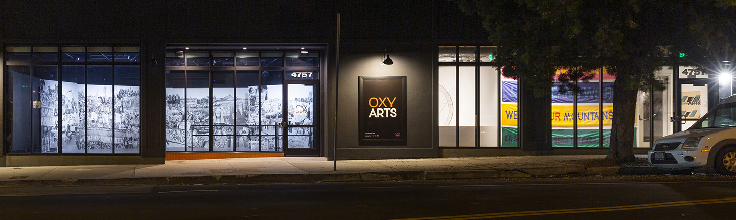The Oxy Arts building from York Blvd at nighttime