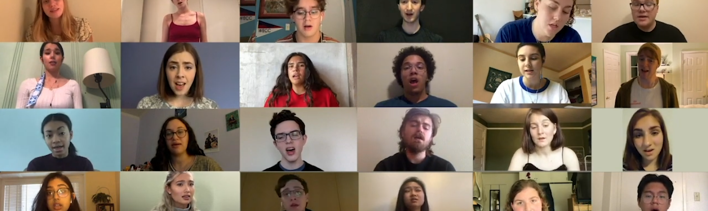 A screen shot showing 36 Glee Club Members singing individually from their homes