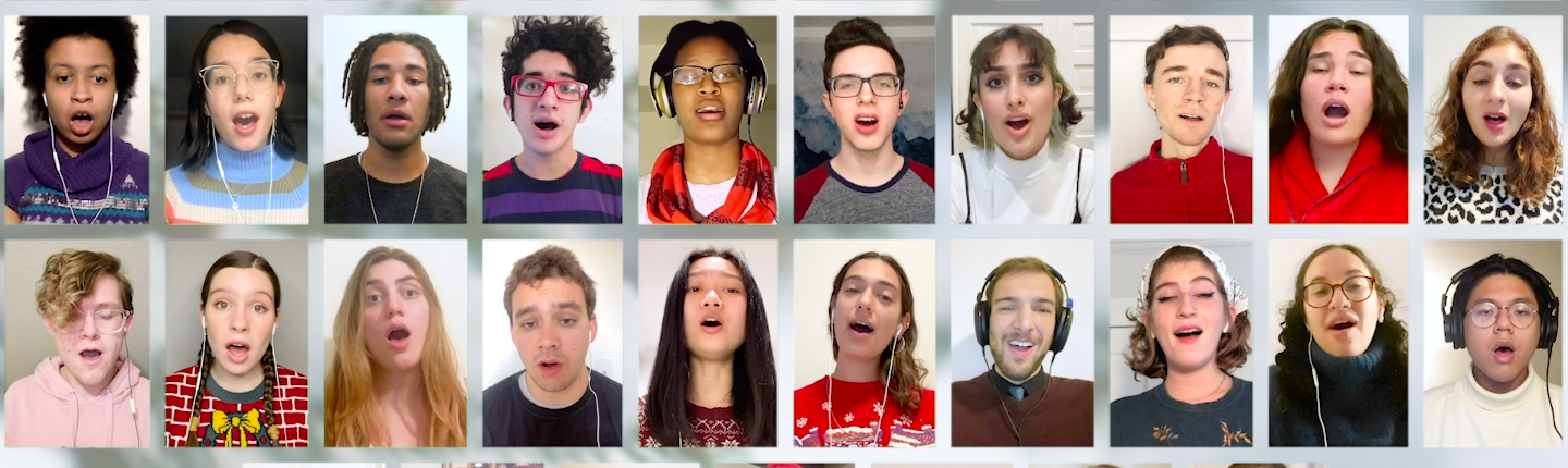 A screen shot of 37 Glee Club members singing