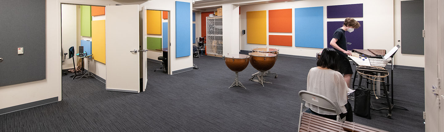 The new percussion studio at Oxy, featuring many instruments