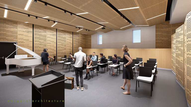An architect's rendering of a new and modern music classroom 