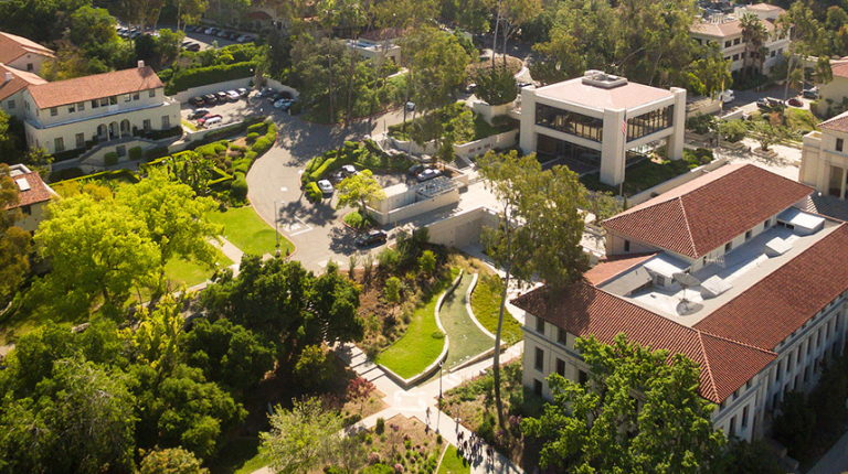 A bird's eye view of the Occidental College campus from a drone camera
