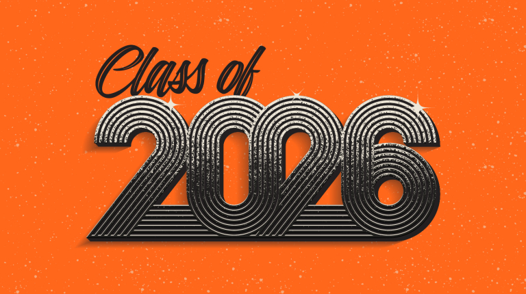 "Class of 2026" in silver letters with orange background