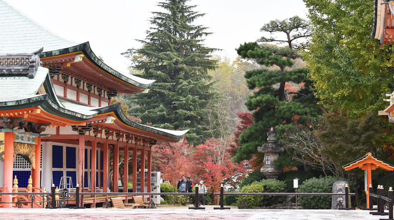 A Japanese temple near Hiroshima with autumn pines to the right
