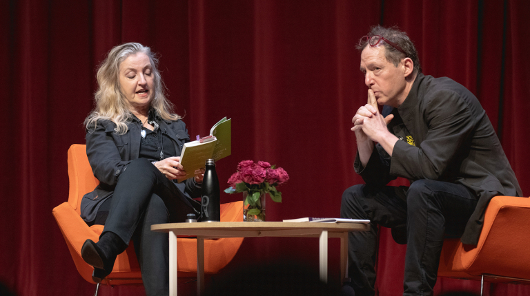Rebecca Solnit and Paul Holdengraber onstage at an Oxy Live! event at Occidental College