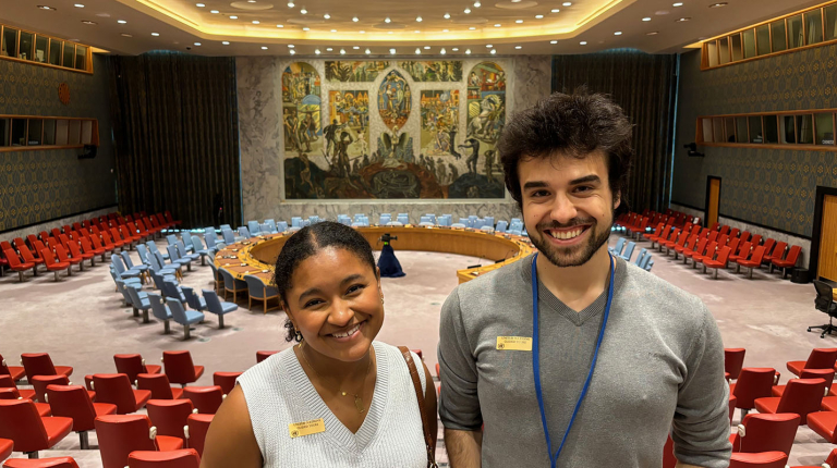 Two Occidental College students pose in New York City as participants in the Oxy at the UN Program