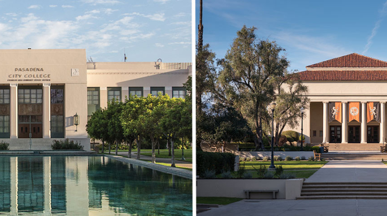 an image of a central campus building on the PCC campus next to a central building on the Oxy campus