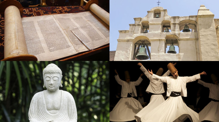 A series of 4 images: A Torah scroll, The bell wall of Mission San Gabriel Arcángel, a historic Spanish mission in California, A stone statue of the Buddha,  and Whirling dervishes performing the Sema ceremony, a Sufi spiritual practice associated with Islam.