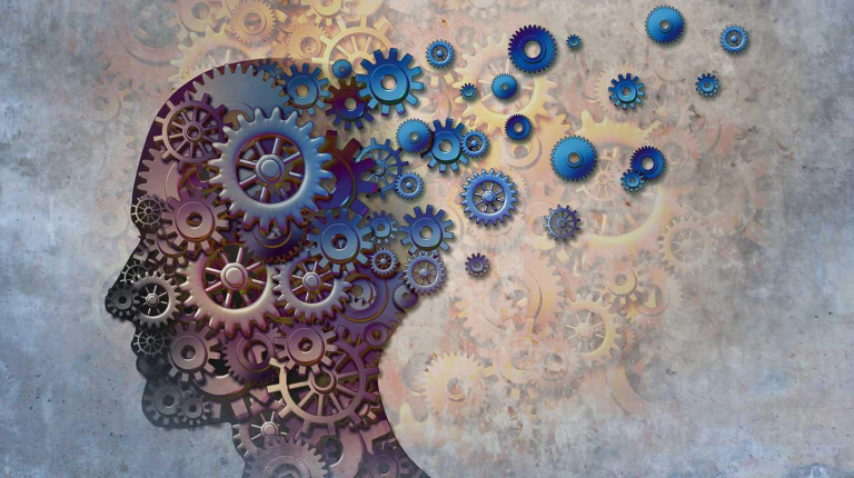 A colorful illustration of a human head made up of metal gears that are flowing out the back of the skull, representing the cognitive science department at Occidental College (Oxy).