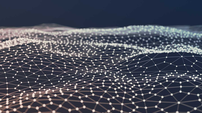 abstract visual representation of a neural network or a similar complex interconnected system, representing the computer science department at Occidental College (Oxy).