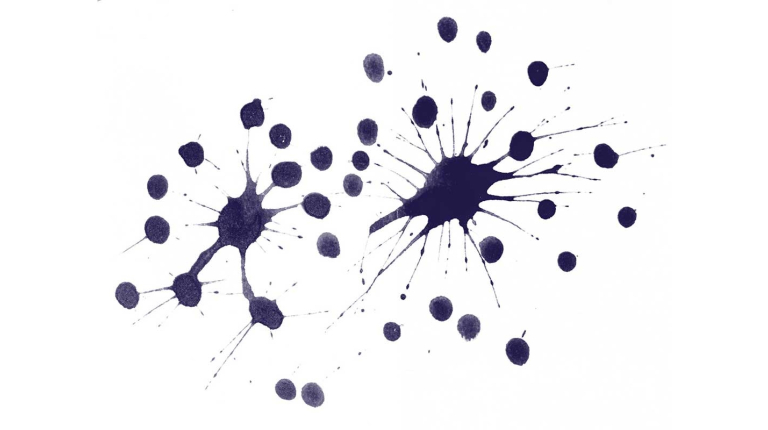 two main blotches of ink, with smaller droplets and thin streaks radiating outwards, representing the Critical Theory and Social Justice department at Occidental College (Oxy).