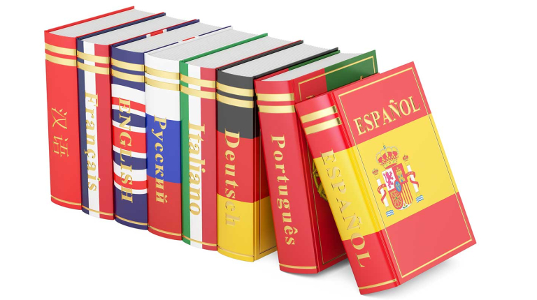 Language books arranged in a row