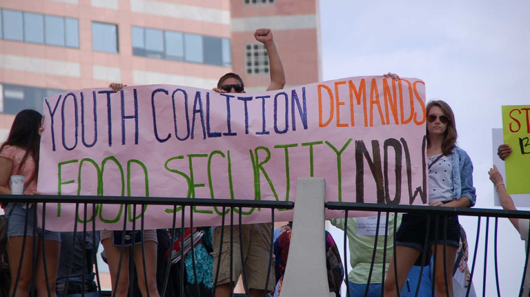Students marching in Downtown Los Angeles for food security