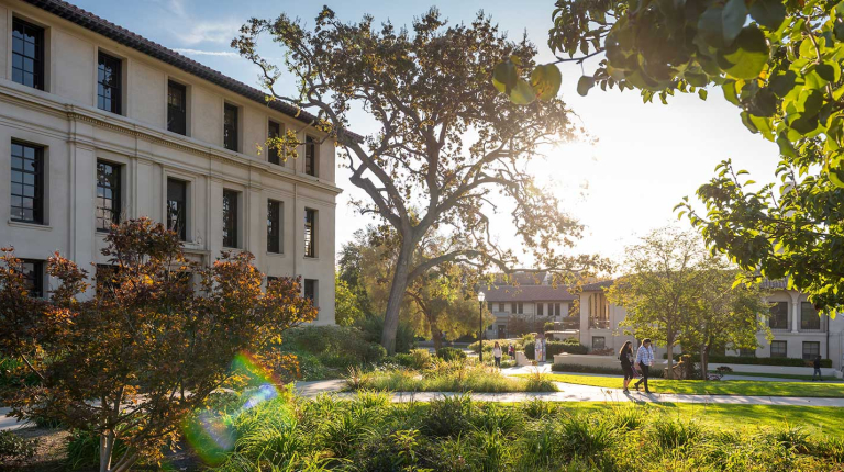 a view of Johnson Hall in the afternoon sunshine on the Occidental College campus