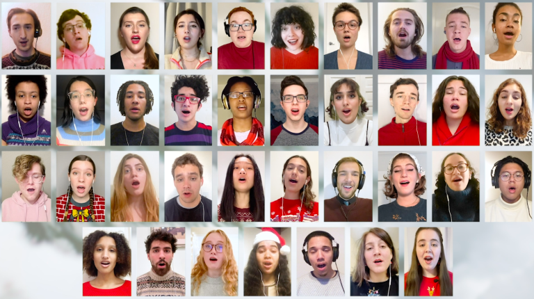 A screen shot of 37 Glee Club members singing