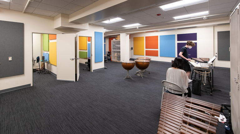 The new percussion studio at Oxy, featuring many instruments