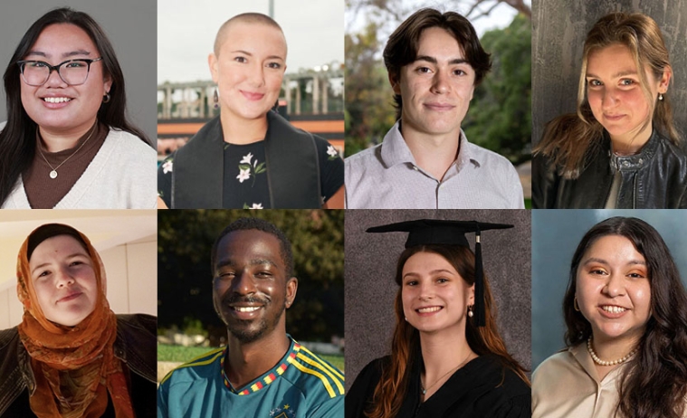 Eight stacked headshots of Occidental College graduating seniors