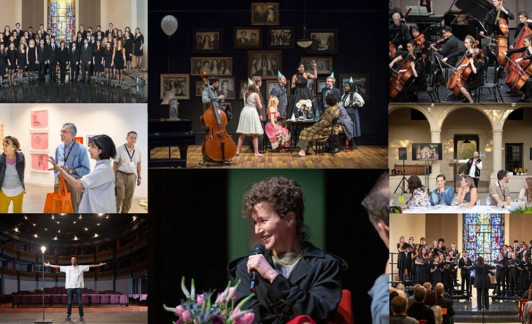 a collage of images of arts events taking place at Occidental College this semester