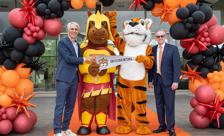 The presidents of Occidental College and Pasadena City College post with their schools' respective mascots