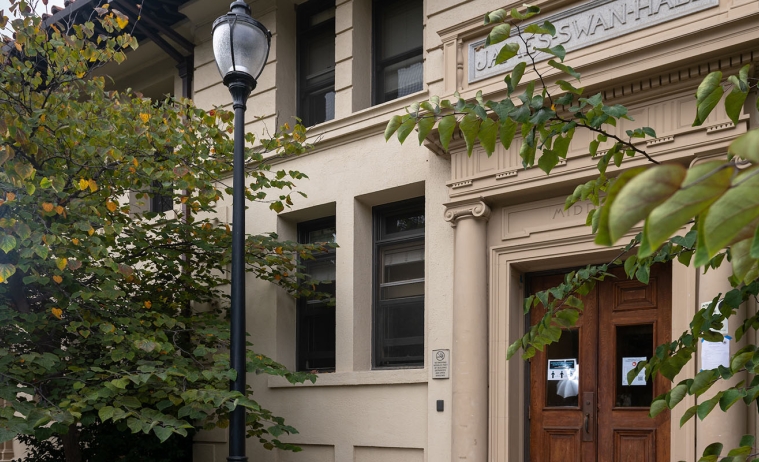 A view of the front of Swan Hall on the Occidental College campus