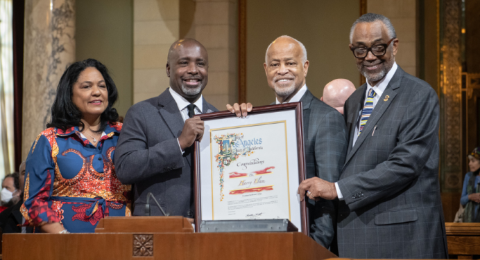 President Harry J. Elam, Jr. is recognized by members of the Los Angeles City Council