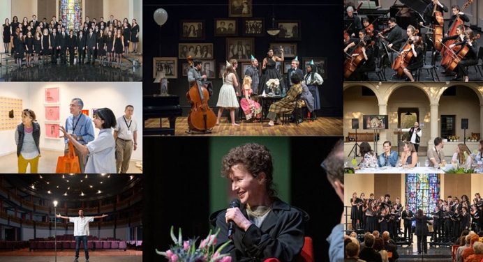 a collage of images of arts events taking place at Occidental College this semester