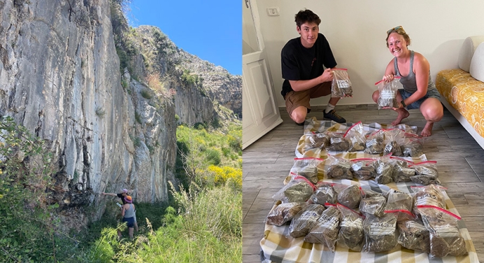 a composite images of two students examining a rock face and then examining rock samples in plastic bags