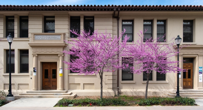 Swan Hall with flowering trees