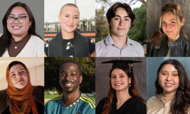 Eight stacked headshots of Occidental College graduating seniors
