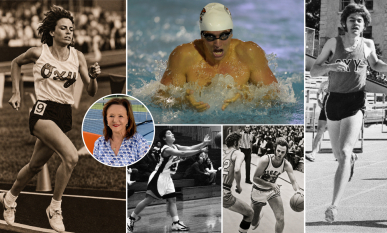 2026 Occidental Athletics Hall of Fame inductees Michele Trimble de Boucaud ’89, Steven Van Deventer ’15, Tom Colley ’78, Doug McAdam ’73, Anna Celaya ’99, and Lynn Mehl (inset).