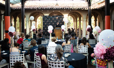 A seated group of Occidental students and staff at the annual Student Leadership Awards on Branca Patio