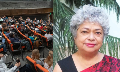 a composite view of Dr. Monica Sharma, right, and Choi Auditorium, left