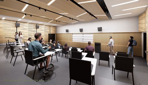 Architect's rendering of a multipurpose classroom and rehearsal space