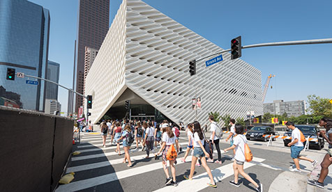 A group walking towards the Broad Museum in downtown Los Angeles