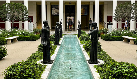 Inner Peristyle garden at the Getty Villa museum with a rectangular pool and statues