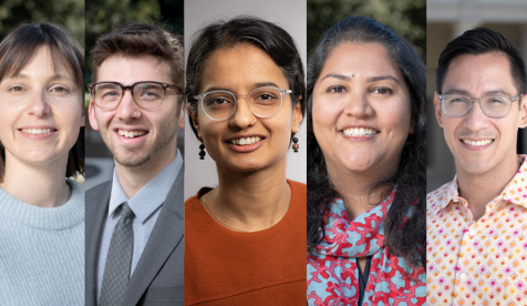 Five individual narrow headshots of Occidental College faculty members